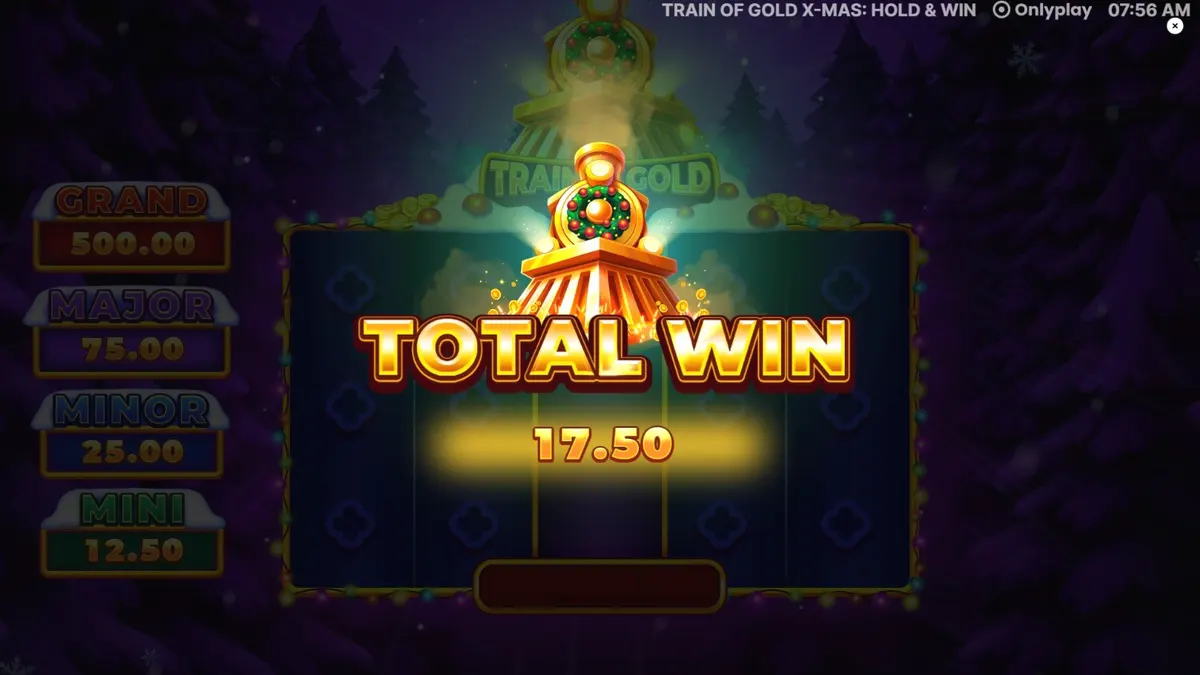 Tampilan visual slot Train of Gold X-Mas: Hold & Win dengan tema kereta emas dan suasana Natal.